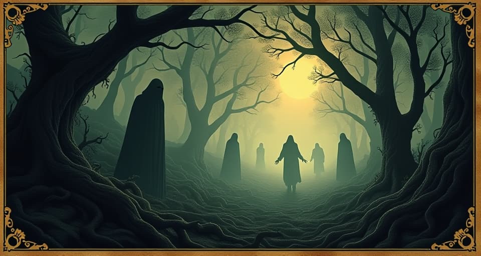  shadowy figures expanding their territories, dark creeping vines, a faint light struggling to penetrate the growing darkness, encroachment, menace. an illustration in the style of a worn, mystical old tarot trump card, mysterious and elements of surrealism. the colors are muted, somber and eerie, but with contrast bring out an occult and esoteric vibe.