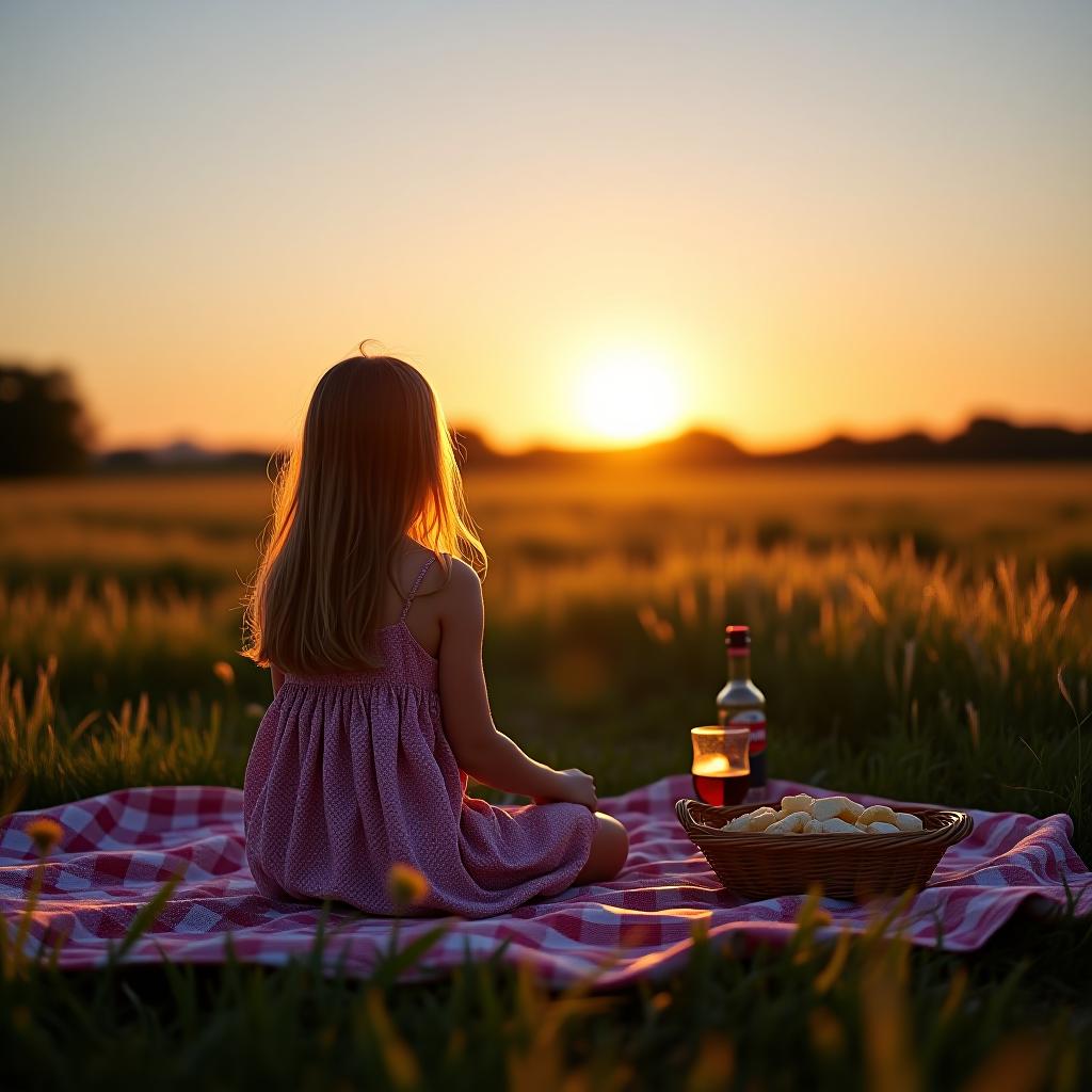  a girl is in a field having a picnic, sitting with her back to the viewer and looking at the sunset.