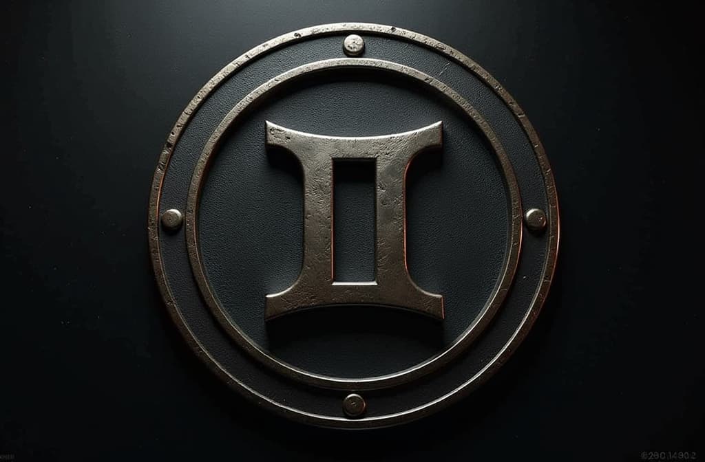  epic realistic, hyperdetailed, (cycles render:1.3), caustics, (glossy:0.58), (artstation:0.82),zodiac sign gemini logo badge design metal style, in the center of the frame, dark monochromatic background ar 3:2