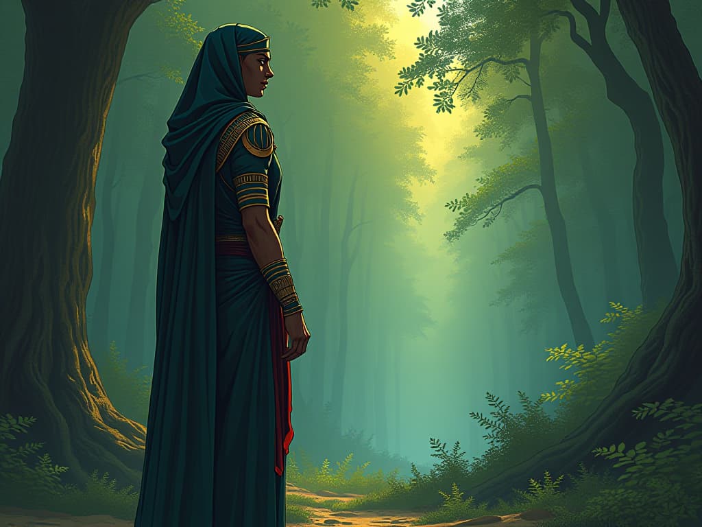  a figure standing at the forest edge, a look of contemplation on their face, a sense of being called back to nature. the style is digital art illustration / modern comic book / mysterious occult, symbolic, esoteric vibe,high detail on character design, incorporating ancient egyptian symbology and attire.