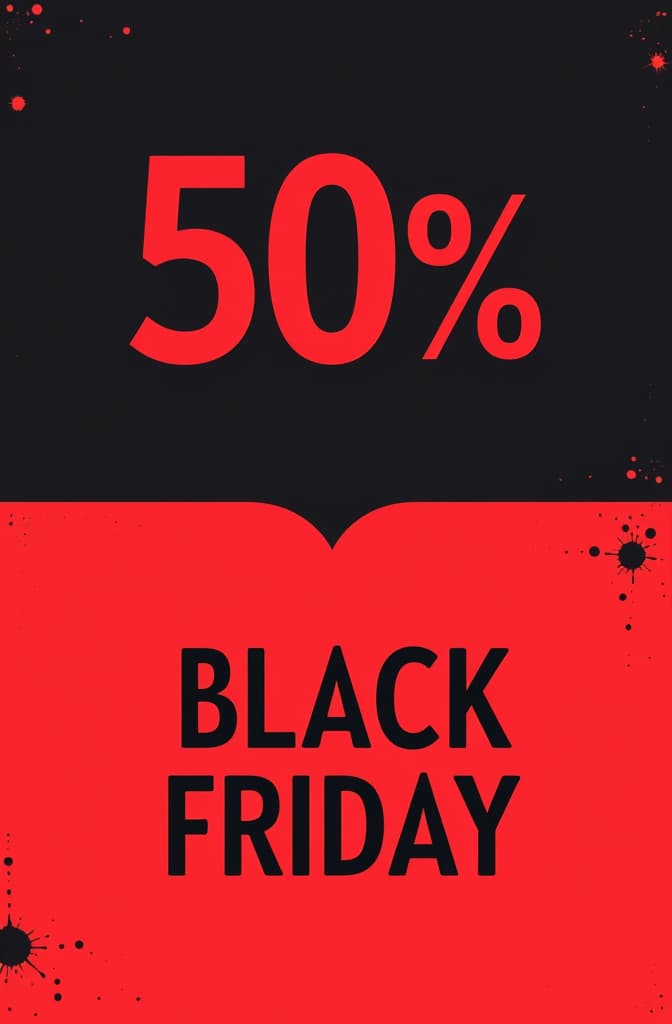  flat illustration, flaticon, (illustration:1.15), at the top of the image the letter “sale 50%” has a black background. at the bottom of the image the letter “black friday” has a red background with black blots. ar 2:3, [cory loftis, strobist, pascal campion :: 0.2]