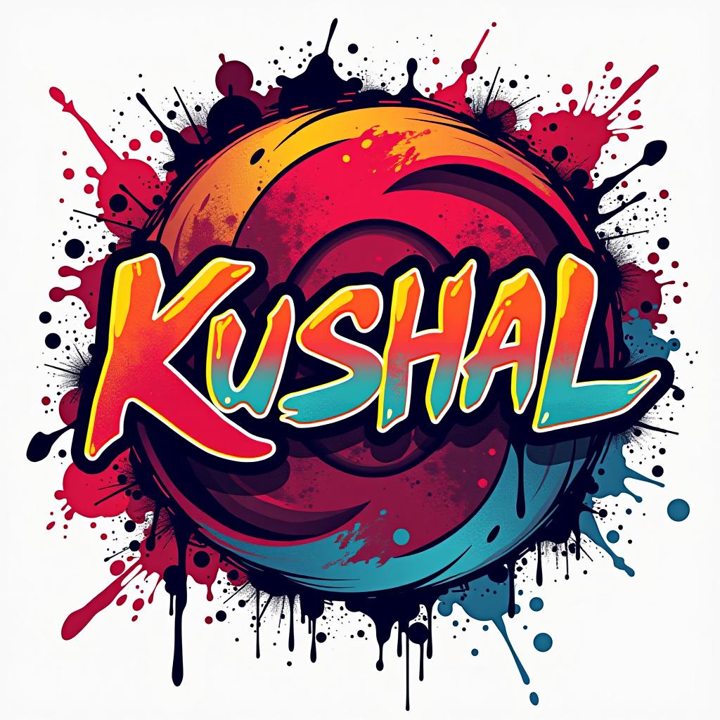  graffiti art style, create a logo, using photoshop style effects. the logo should prominently feature the text 'kushal' in a dynamic, anime inspired font. incorporate elements and motifs from anime naruto, such as the sharingan or naruto’s headband, but ensure the design is unique and original. the color scheme should be bold and vibrant, reflecting the energy and style of the anime, dynamic, dramatic, vibrant colors, graffiti art style