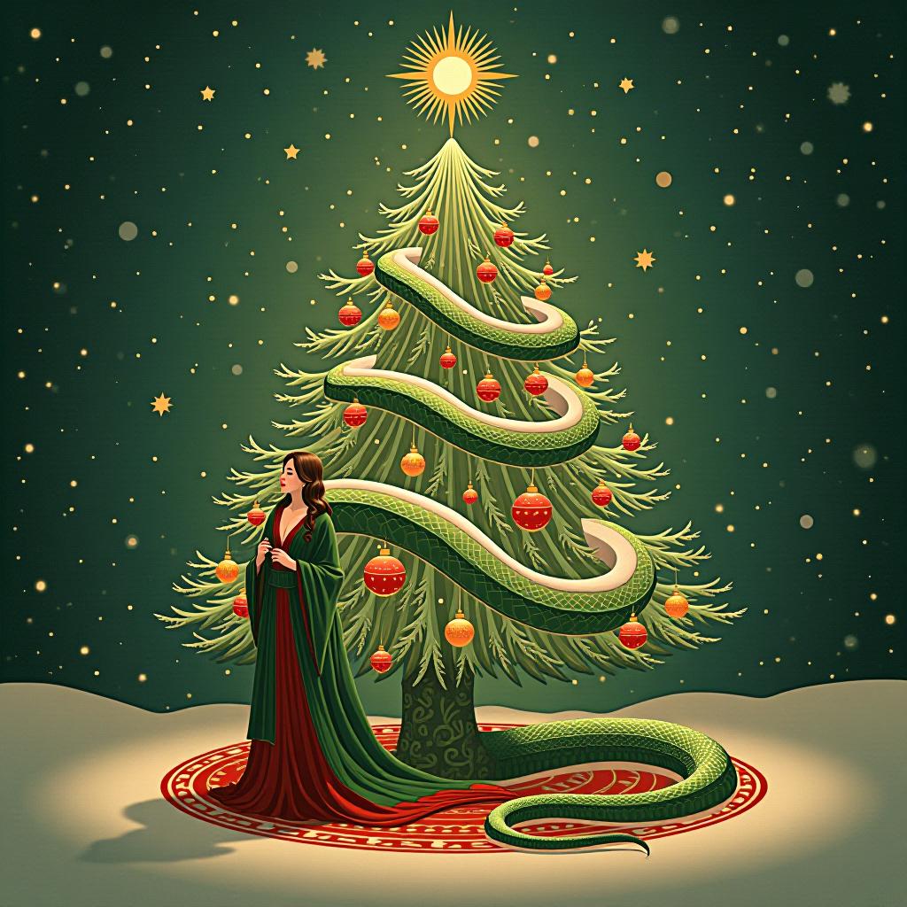  art deco style new year, green snake year, inspiration, tree, snow, joy in drawing style . geometric shapes, bold colors, luxurious, elegant, decorative, symmetrical, ornate, detailed hyperrealistic, full body, detailed clothing, highly detailed, cinematic lighting, stunningly beautiful, intricate, sharp focus, f/1. 8, 85mm, (centered image composition), (professionally color graded), ((bright soft diffused light)), volumetric fog, trending on instagram, trending on tumblr, HDR 4K, 8K