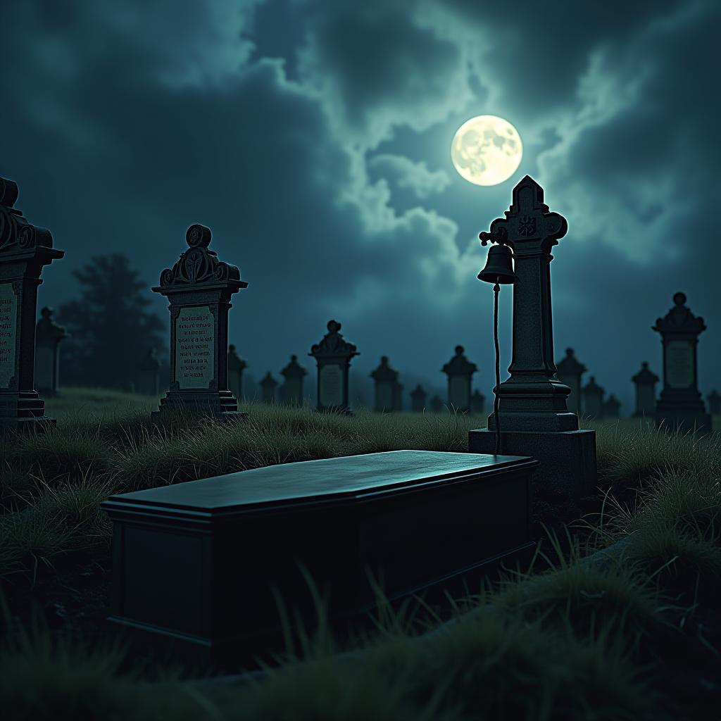  create a high quality, photorealistic image that vividly depicts the following scene: a haunting 18th century graveyard under a moonlit sky filled with ominous clouds. in the foreground, a freshly dug grave with a polished wooden coffin, its lid slightly ajar, revealing a rope leading up to a small, rusted iron bell that is still, against tumultuous backdrop. etched gravestones loom in the shadows, their inscriptions a faded testament of forgotten lives. grim yet intriguing, the scene embodies anxiety coupled with ‘saved by the bell’ legend. captured using a canon eos r3, f/1.4, iso 200, 1/160s, 8k, raw, yielding crisp ultra realistic details, spectral ambient lighting and deep contrasting shadows. the image should: focu hyperrealistic, full body, detailed clothing, highly detailed, cinematic lighting, stunningly beautiful, intricate, sharp focus, f/1. 8, 85mm, (centered image composition), (professionally color graded), ((bright soft diffused light)), volumetric fog, trending on instagram, trending on tumblr, HDR 4K, 8K