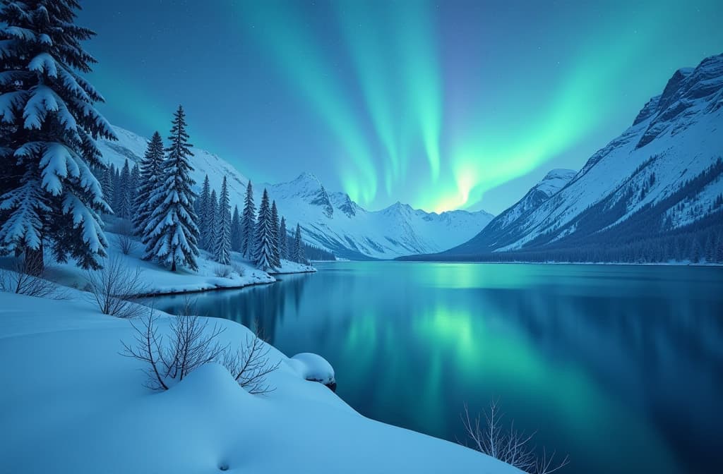  professional detailed photography, magical winter snow covered landscape, northern lights in the sky reflecting on the lake, icy blue colors, ar 3:2, (muted colors, dim colors, soothing tones), (vsco:0.3)