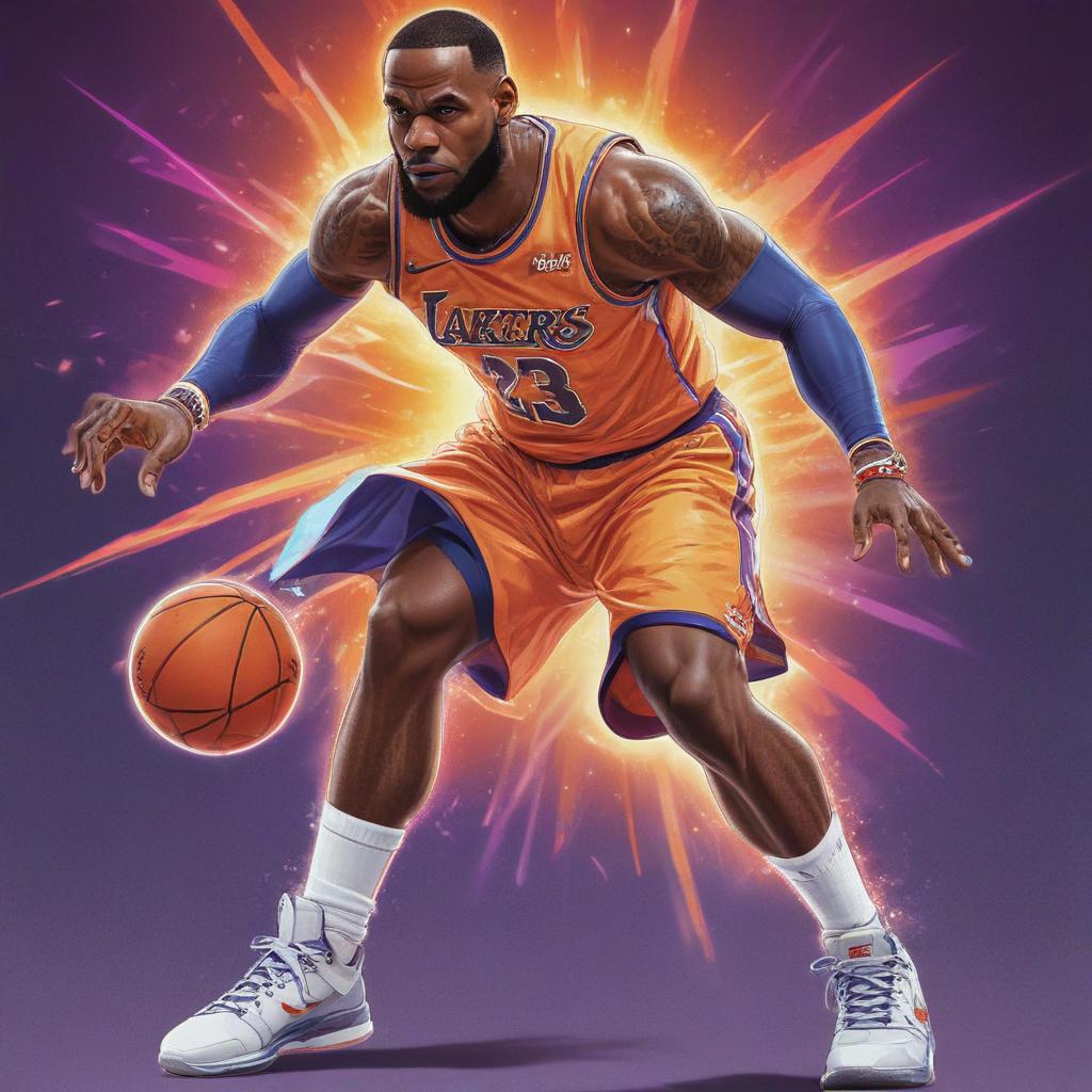 distance-shot, flashy, full-body, dynamic, holographic, animated cartoon poster of lebron james in the style of dragon ball super