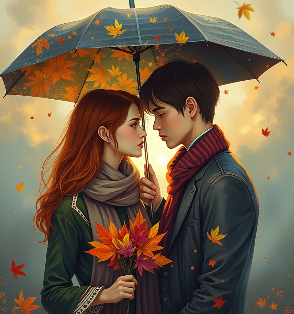  (oil painting, multi layered exposure:1.4), depicting (two lovers under an umbrella:1.3) with a surreal image of green, yellow, purple, orange maple leaves on the background of an umbrella by (layering of the composition:1.5). swirled (swirl of autumn leaves:1.4). in the hand of a refined, modest girl with an elegant figure (an original bouquet of maple leaves:1.5) and red (mountain ash:1.5). (a handsome young man gently holds an umbrella:1.6) over a confused attractive companion with long red hair. cozy warm striped (scarf). (background of the composition: sky, rising sun:1.6). a lively illustration with bright accents of autumn, shows the warmth and beauty of autumn with its bright colors and intricate details. soft lighting, (romantic at