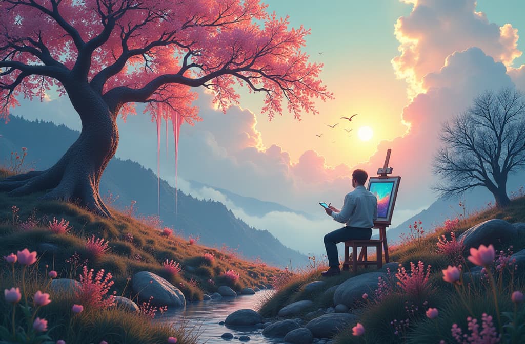  "create a surreal landscape where an artist sits at an easel, surrounded by flowing streams of digital imagery merging with vibrant nature. in the background, a dreamy sky bursts with colorful abstract patterns, while the foreground features a blend of traditional and digital art tools, showcasing a seamless interaction between reality and imagination. the scene should evoke a sense of creativity and transformation, capturing the essence of innovation in visual art." hyperrealistic, full body, detailed clothing, highly detailed, cinematic lighting, stunningly beautiful, intricate, sharp focus, f/1. 8, 85mm, (centered image composition), (professionally color graded), ((bright soft diffused light)), volumetric fog, trending on instagram, trending on tumblr, HDR 4K, 8K