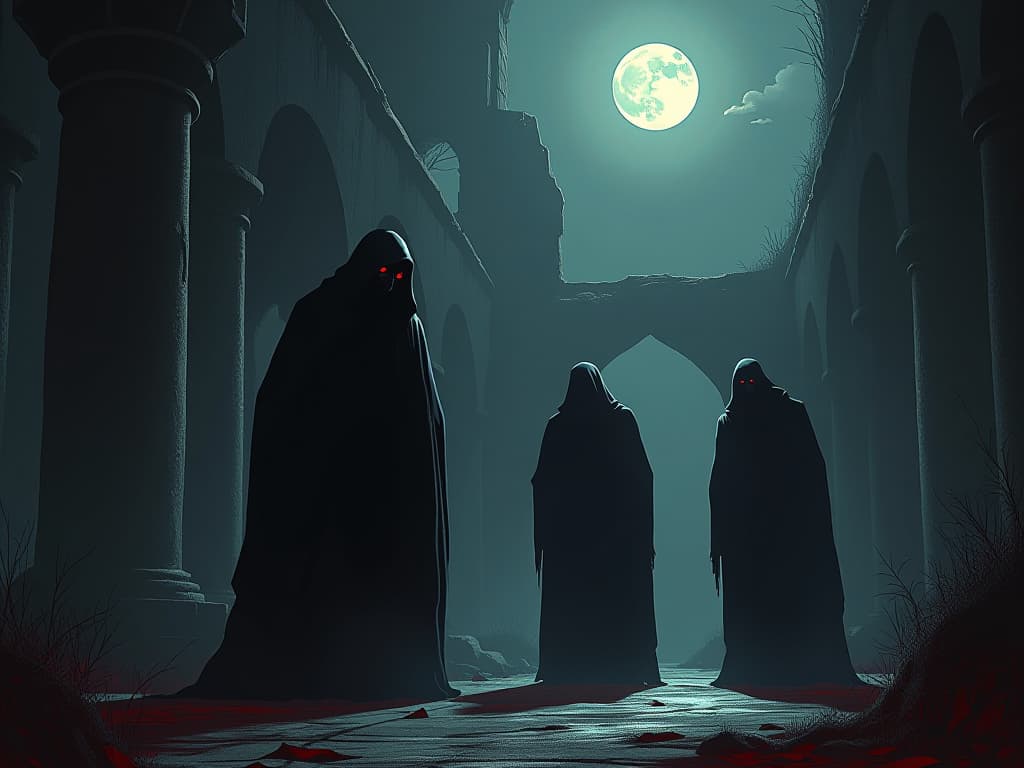  shadowy figures, cloaked and hunched, emanating a palpable aura of shame, against a backdrop of crumbling, sinister architecture, moonlight casting long shadows.. the style is dark fantasy and mysterious occult, symbolic, moody lighting, esoteric vibe,high detail on character design. for the color scheme emphasize blacks and reds.