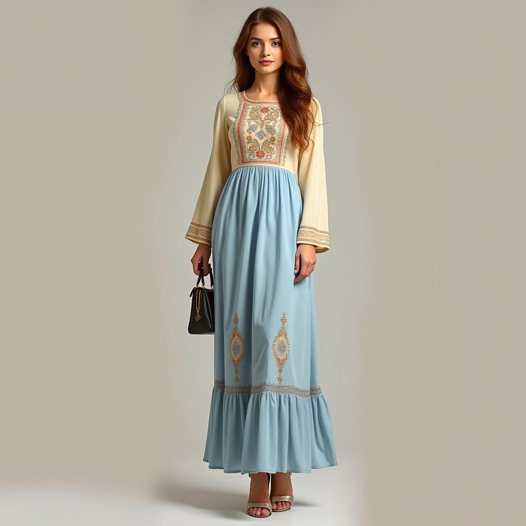  the sarafan is light blue, worn over a beige t shirt with embroidery. the sarafan is long, with ruffles at the bottom. on the of the sarafan, there are embroidered tatar patterns. the has brown hair, is wearing high heels, and is shown in full height. she is holding a handbag.