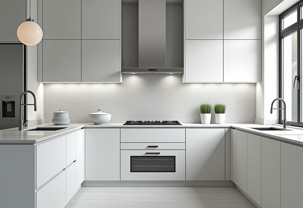  a landscape photo of a sleek, modern kitchen featuring a glass mosaic backsplash in various shades of white and pale gray, creating a shimmering effect against white cabinetry hyperrealistic, full body, detailed clothing, highly detailed, cinematic lighting, stunningly beautiful, intricate, sharp focus, f/1. 8, 85mm, (centered image composition), (professionally color graded), ((bright soft diffused light)), volumetric fog, trending on instagram, trending on tumblr, HDR 4K, 8K