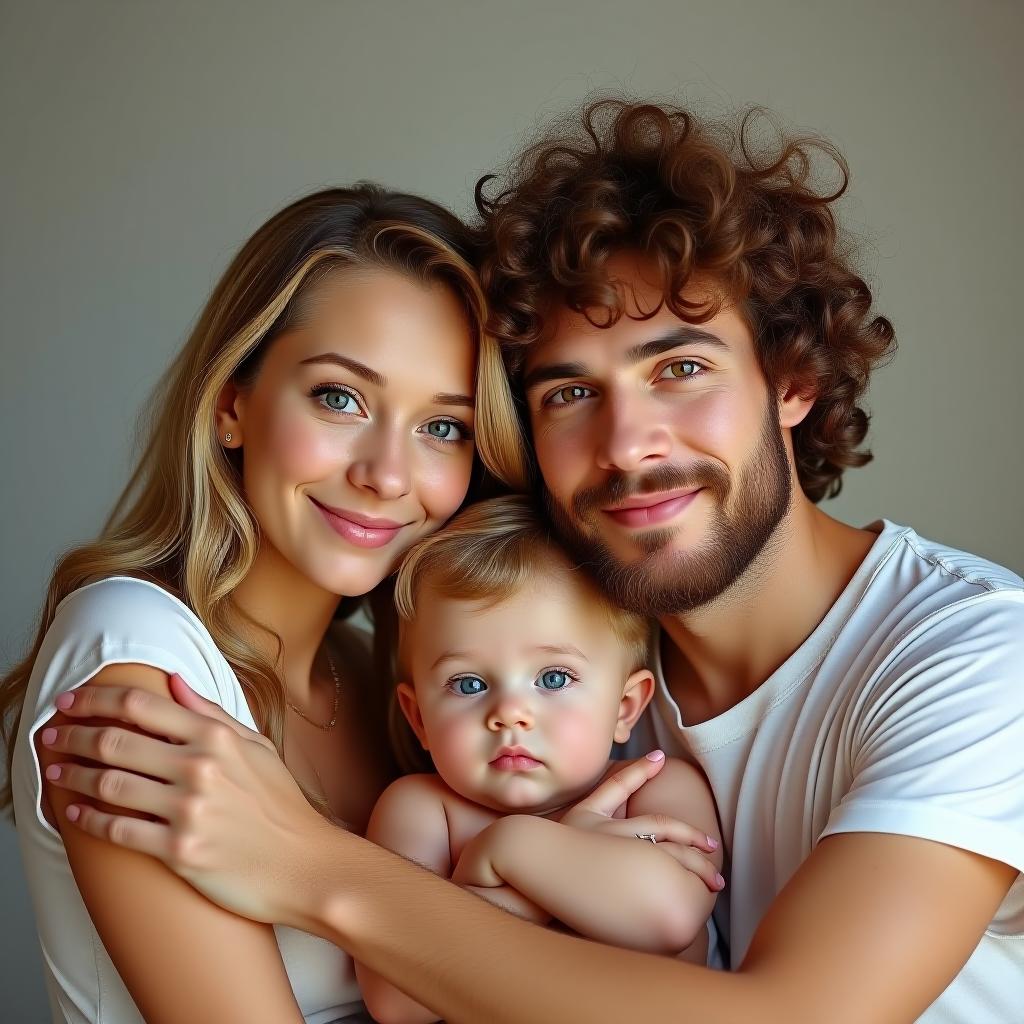  make an image of a blonde woman with a curly brown haired man and their son