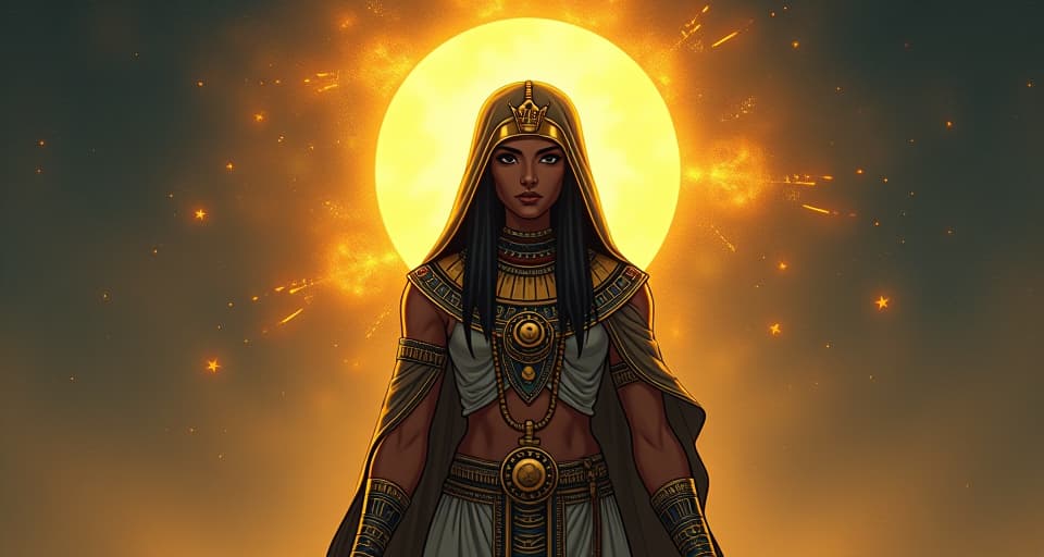  figure reflecting, sense of self, feeling of belonging, light aura, inner peace. the style is digital art illustration / modern comic book / mysterious occult, symbolic, esoteric vibe,high detail on character design, incorporating ancient egyptian symbology and attire.