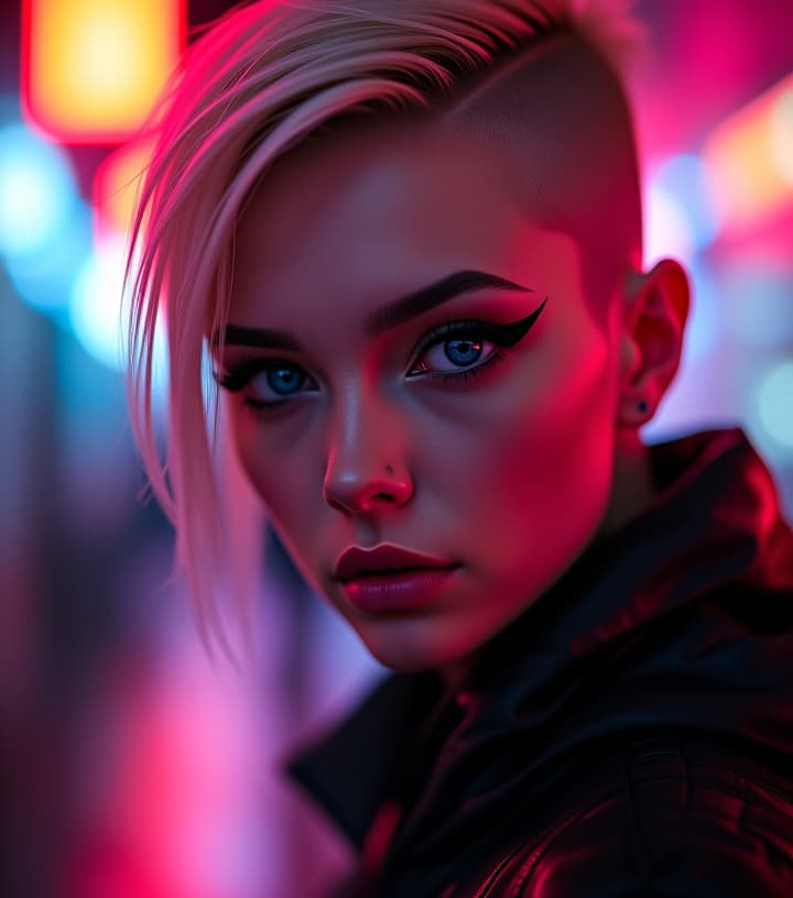  ultra realistic close up portrait ((beautiful pale cyberpunk female with heavy black eyeliner)), blue eyes, shaved side haircut, hyper detail, cinematic lighting, magic neon, dark red city, canon eos r3, nikon, f/1.4, iso 200, 1/160s, 8k, raw, unedited, symmetrical balance, in frame, 8k hyperrealistic, full body, detailed clothing, highly detailed, cinematic lighting, stunningly beautiful, intricate, sharp focus, f/1. 8, 85mm, (centered image composition), (professionally color graded), ((bright soft diffused light)), volumetric fog, trending on instagram, trending on tumblr, HDR 4K, 8K