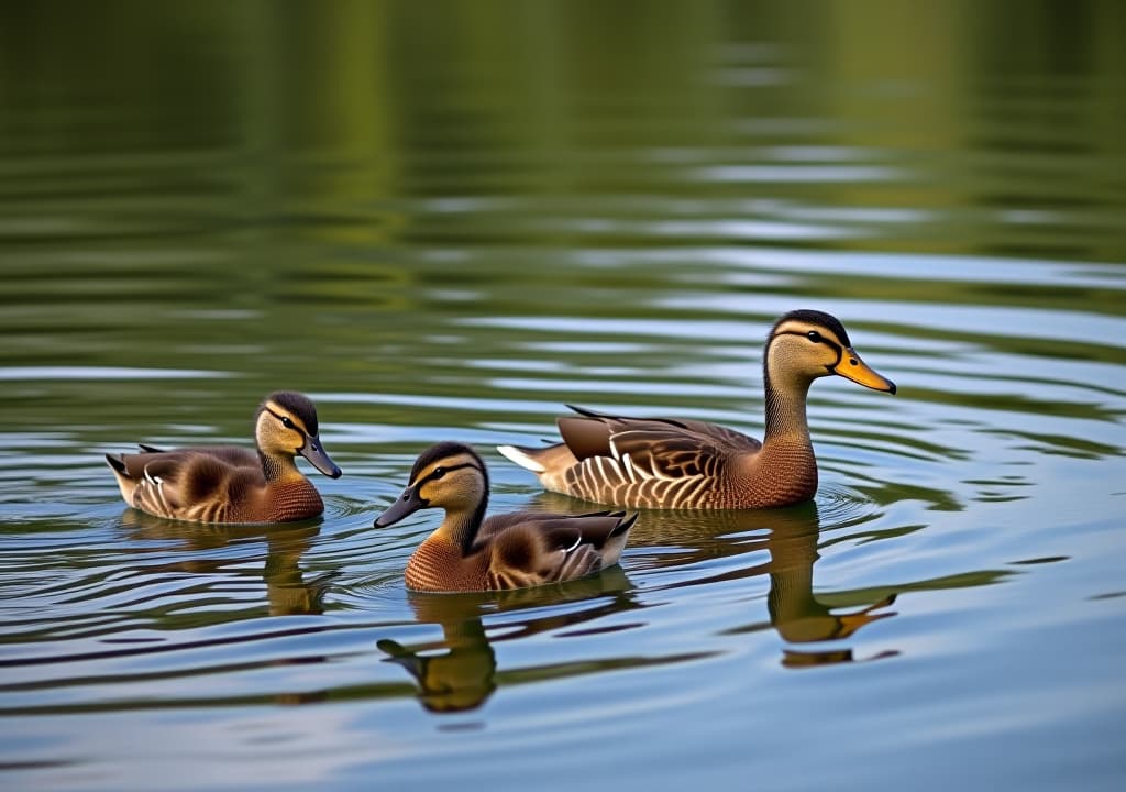  a family of ducks swimming together in a serene pond