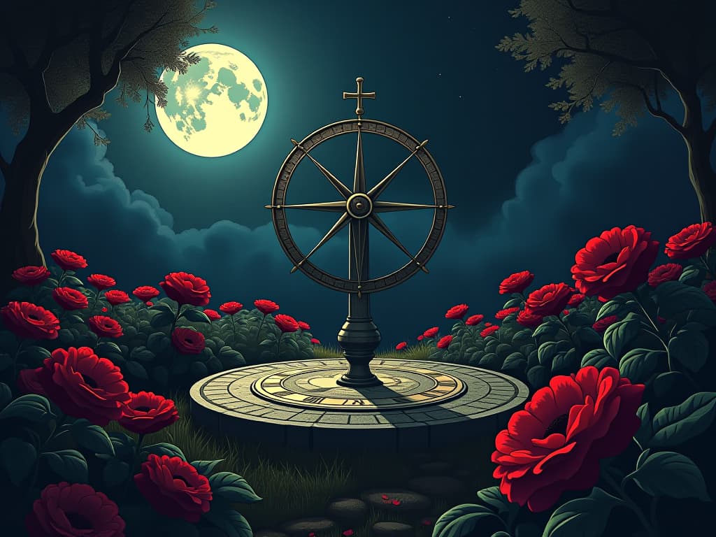  ancient sundial in moonlit garden, surrounded by blooming night blooming flowers, symbol of timeless rightness. the style is digital art illustration / modern comic book / graphic dark novel fantasy and mysterious occult, symbolic, moody lighting, esoteric vibe,high detail on character design. for the color scheme emphasize blacks and reds.