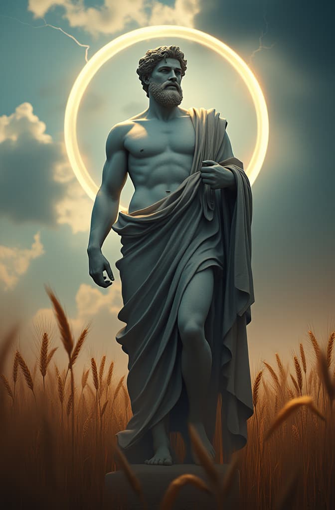  marble statue of handsome greek god hermes; solar eclipse; wheat fields; lightning hyperrealistic, full body, detailed clothing, highly detailed, cinematic lighting, stunningly beautiful, intricate, sharp focus, f/1. 8, 85mm, (centered image composition), (professionally color graded), ((bright soft diffused light)), volumetric fog, trending on instagram, trending on tumblr, HDR 4K, 8K