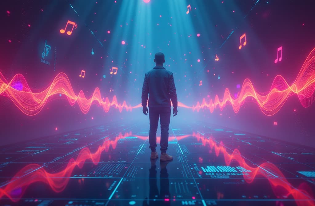  "an ethereal digital landscape filled with vibrant sound waves and musical notes, showcasing a futuristic studio with holographic interfaces. in the center, a stylized humanoid figure surrounded by colorful, flowing voice frequencies, with a backdrop of shimmering neon lights and abstract sound waves, conveying the essence of synthesized music and creativity." hyperrealistic, full body, detailed clothing, highly detailed, cinematic lighting, stunningly beautiful, intricate, sharp focus, f/1. 8, 85mm, (centered image composition), (professionally color graded), ((bright soft diffused light)), volumetric fog, trending on instagram, trending on tumblr, HDR 4K, 8K