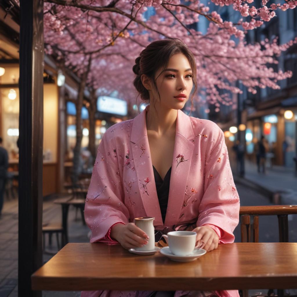 ((masterpiece)),(((best quality))), 8k, high detailed, ultra detailed, A beautiful woman enjoying a cafe in the streets of Tokyo, woman, ((stylish outfit)), (colorful drinks on the table), (sakura tree in bloom), (neon lights in the background) hyperrealistic, full body, detailed clothing, highly detailed, cinematic lighting, stunningly beautiful, intricate, sharp focus, f/1. 8, 85mm, (centered image composition), (professionally color graded), ((bright soft diffused light)), volumetric fog, trending on instagram, trending on tumblr, HDR 4K, 8K