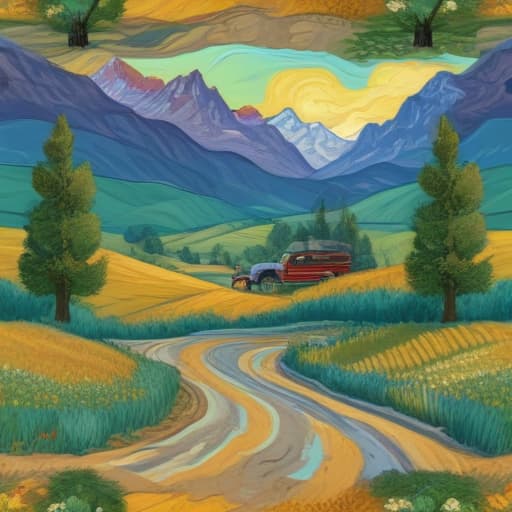 Mountains, trees, field, winding road, GM car in Van Gogh style