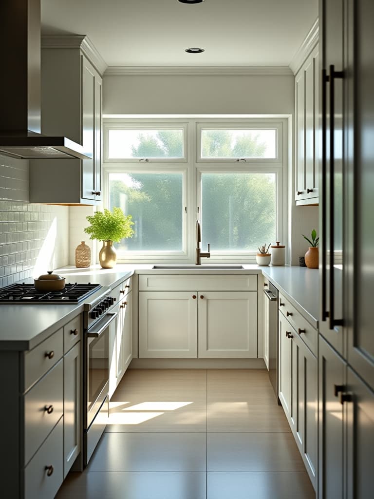  high quality portrait photo of a bright, airy small kitchen with white cabinets, large windows, and strategically placed mirrors reflecting natural light, creating an illusion of spaciousness hyperrealistic, full body, detailed clothing, highly detailed, cinematic lighting, stunningly beautiful, intricate, sharp focus, f/1. 8, 85mm, (centered image composition), (professionally color graded), ((bright soft diffused light)), volumetric fog, trending on instagram, trending on tumblr, HDR 4K, 8K