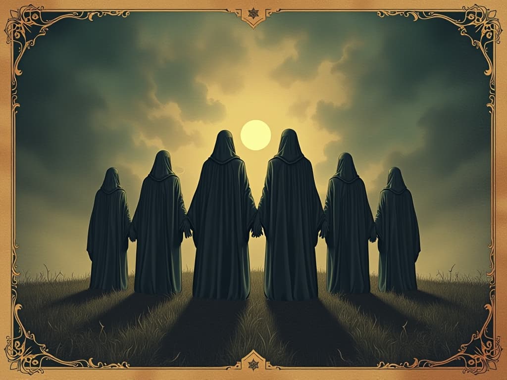  group of figures standing together, holding hands, background of a stormy sky, mood of unity and strength. an illustration in the style of a worn, mystical old tarot trump card, mysterious and elements of surrealism. the colors are muted, somber and eerie, but with contrast bring out an occult and esoteric vibe.