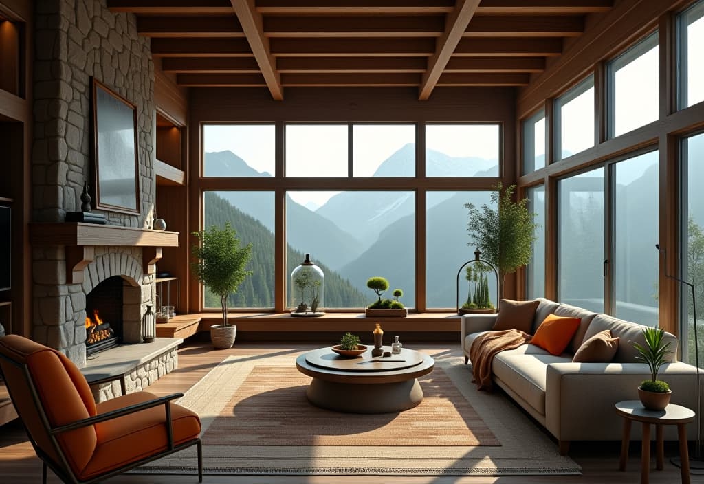  a landscape photo of a rustic living room with exposed wooden beams, a stone fireplace, and large terrariums showcasing miniature landscapes, complemented by a panoramic mountain view hyperrealistic, full body, detailed clothing, highly detailed, cinematic lighting, stunningly beautiful, intricate, sharp focus, f/1. 8, 85mm, (centered image composition), (professionally color graded), ((bright soft diffused light)), volumetric fog, trending on instagram, trending on tumblr, HDR 4K, 8K