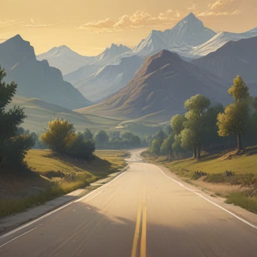 Depict a serene landscape with earthy tones and elements like mountains, trees, and fields. Integrate subtle automotive pieces into the scenery, such as a winding road or a sleek car in the distance, symbolizing the harmony between nature and technology. in Van Gogh style with Mountains background