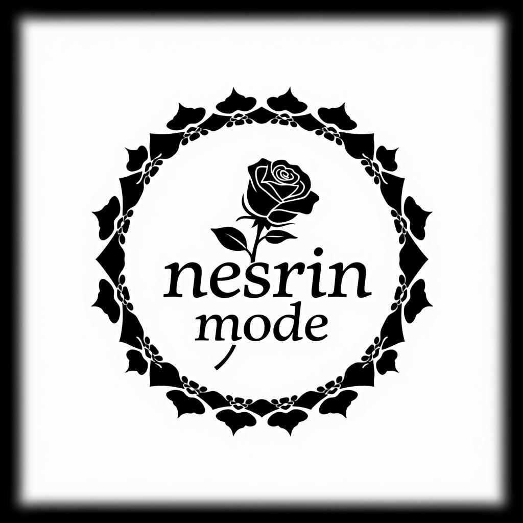  design a logo, erstelle mir ein logo für ein kleider laden elegant schwarz und weiss mit dem namen und eine rose über das bild , with the text 'nesrin mode '.