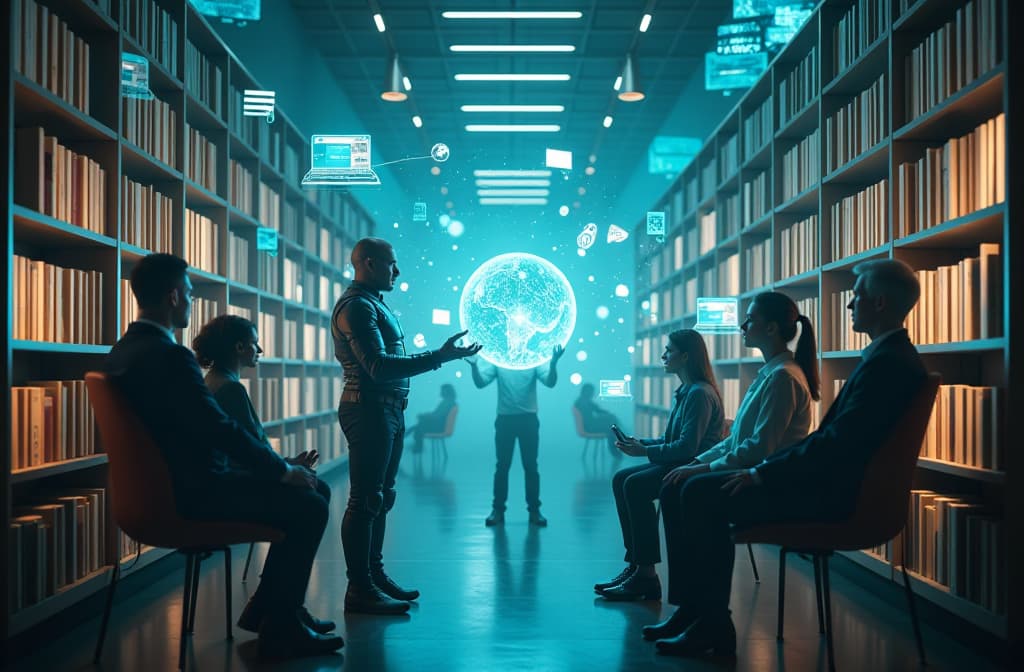  "create a futuristic library scene filled with floating holographic books and digital screens displaying animated text. in the center, a robotic figure interacts with a glowing orb that represents artificial intelligence. surrounding the figure, a diverse group of people engages in discussion, showcasing the exchange of knowledge. soft blue and green lighting enhances the atmosphere of innovation and technology." hyperrealistic, full body, detailed clothing, highly detailed, cinematic lighting, stunningly beautiful, intricate, sharp focus, f/1. 8, 85mm, (centered image composition), (professionally color graded), ((bright soft diffused light)), volumetric fog, trending on instagram, trending on tumblr, HDR 4K, 8K