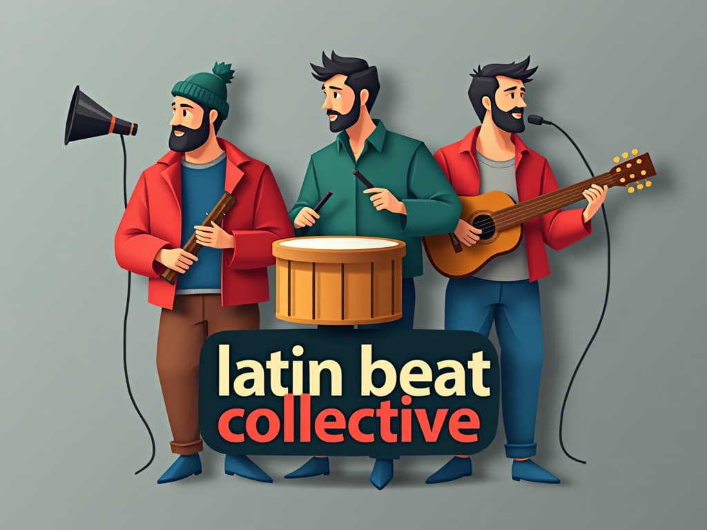  design a logo, in a origami style. 3 hombres con tambores, microfono, cables , with the text 'latín beat collective '.