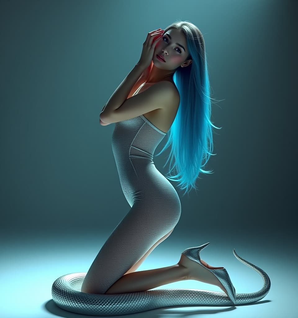  hdr photo of tall, slender, snake . in a pose kneeling, arching her back and raising her hands up, stroking her soft and elastic s curves of the body. the whole image of the snake evokes and unbridled . the is wearing transparent silver ( and a ) made of thin silver threads. the beauty is wearing silver high heeled shoes. a large and long tail is an extension of the spine. a large graceful snake tail wriggles. a lot of jewelry long legs, thin waist, elastic s, a beautiful face, long blue hair, long blue hair vertical curl. light pale skin. . high dynamic range, vivid, rich details, clear shadows and highlights, realistic, intense, enhanced contras hyperrealistic, full body, detailed clothing, highly detailed, cinematic lighting, stunningly beautiful, intricate, sharp focus, f/1. 8, 85mm, (centered image composition), (professionally color graded), ((bright soft diffused light)), volumetric fog, trending on instagram, trending on tumblr, HDR 4K, 8K