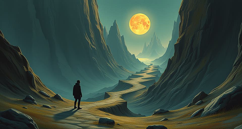  a vast rocky landscape, scattered obstacles, steep cliffs and winding paths, a lone figure traversing with determination, celestial glow enveloping the path, challenges transforming into steps, arduous yet hopeful. an illustration in the style of a worn, mystical old tarot trump card, mysterious and elements of surrealism. the colors are muted, somber and eerie, but with contrast bring out an occult and esoteric vibe.