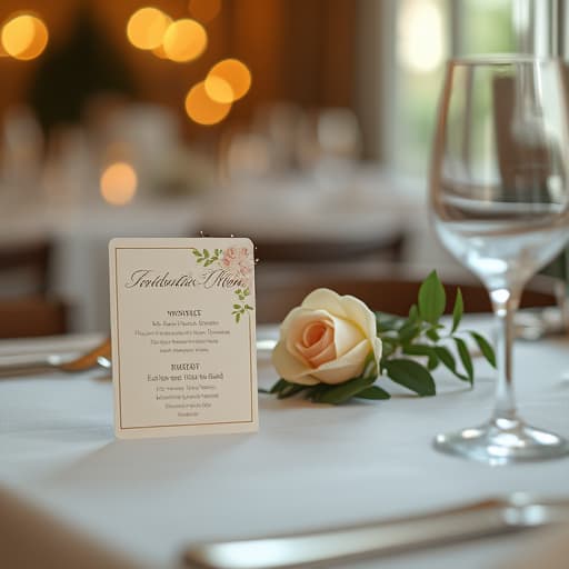  create an image with the following specifications: main subject: description: a beautifully presented wedding menu card with a small, elegant floral arrangement. style: elegant and minimalist. setting: location: on a white linen tablecloth in a fine dining restaurant. composition: framing: close up shot, focusing on the menu card and floral arrangement. style: art movement: contemporary. technique: high key photography. atmosphere: mood: romantic and sophisticated. color palette: dominant colors: white, cream, soft pink, green. mood: fresh and delicate. details: foreground: menu card with elegant typography, small floral arrangement with roses and greenery. background: blurred restaurant setting with soft lighting. technical specs:  hyperrealistic, full body, detailed clothing, highly detailed, cinematic lighting, stunningly beautiful, intricate, sharp focus, f/1. 8, 85mm, (centered image composition), (professionally color graded), ((bright soft diffused light)), volumetric fog, trending on instagram, trending on tumblr, HDR 4K, 8K