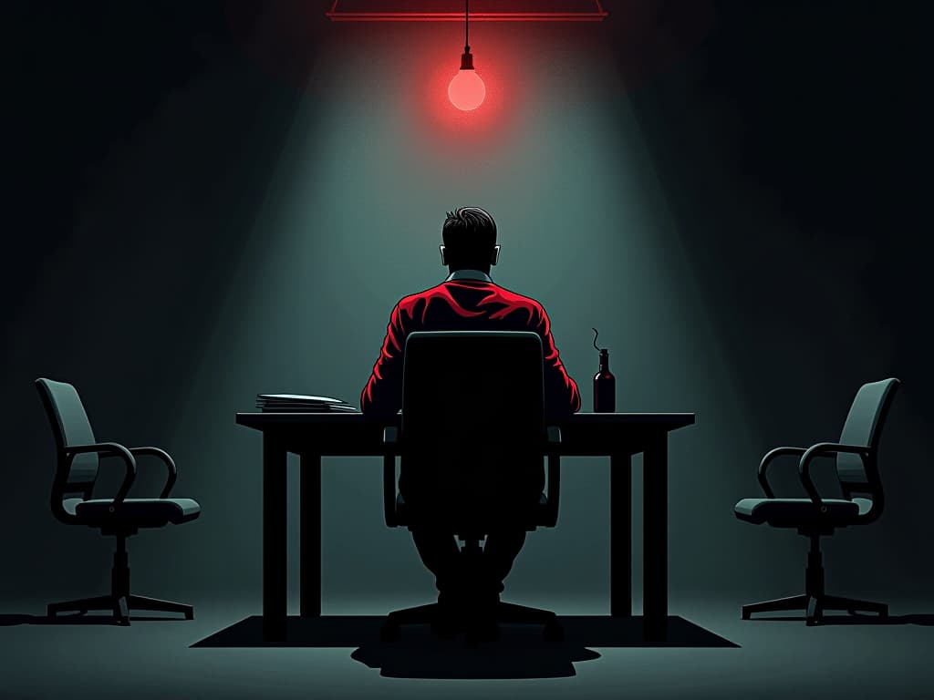  colleague in red sweater, isolated at desk, empty chairs around, dimly lit office, mood of isolation. the style is digital art illustration / modern comic book / graphic dark novel fantasy and mysterious occult, symbolic, moody lighting, esoteric vibe,high detail on character design. for the color scheme emphasize blacks and reds.