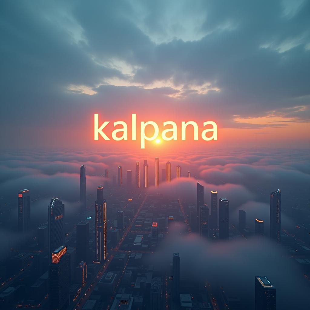  good quality, high quality, the word "kalpana" emerging from a dreamy, futuristic city skyline, with floating islands, tall glowing skyscrapers, and soft twilight hues.