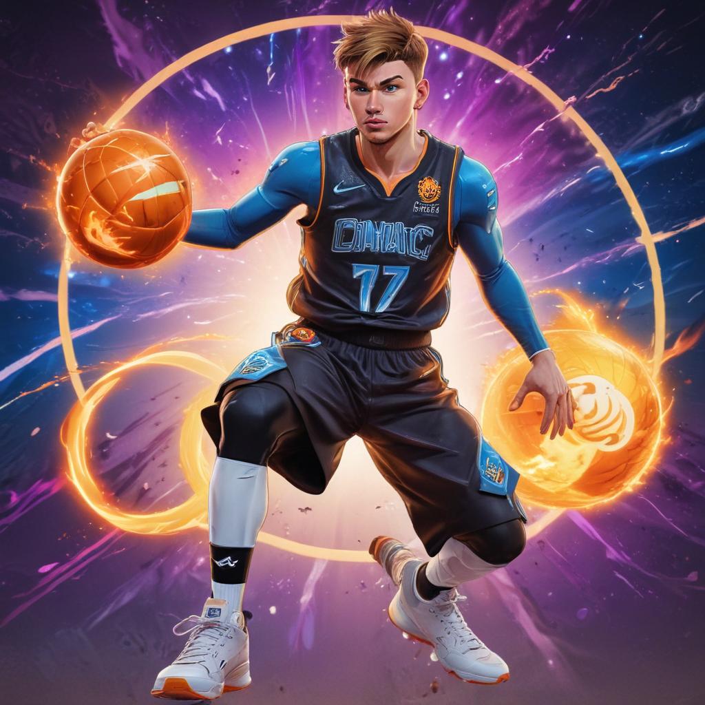 distance-shot, flashy, full-body, dynamic, holographic, animated cartoon poster of luka doncic in the style of dragon ball super