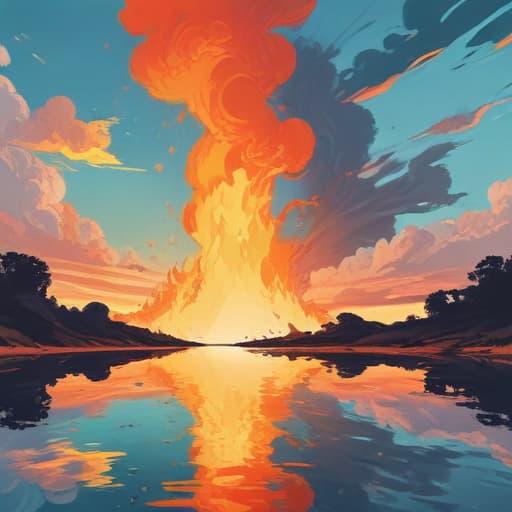 Fire above water with land and sky in Comic Art style