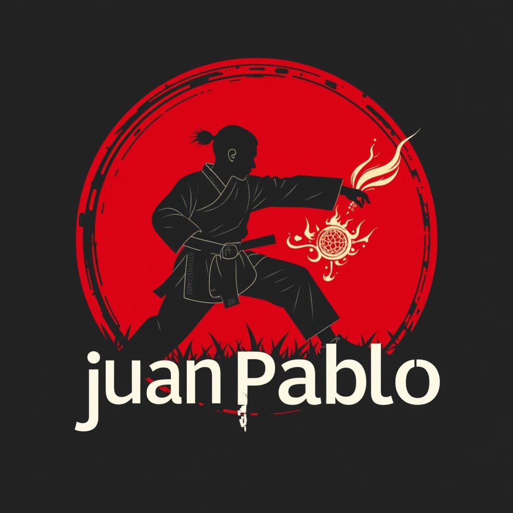  design a logo, in a minimalism style. logotipo de emblema, con el texto escrito ‘juan pablo”’, tema de tae kwon do , negro blanco y rojo, incluye silueta de joven combatiendo en tae kwon do