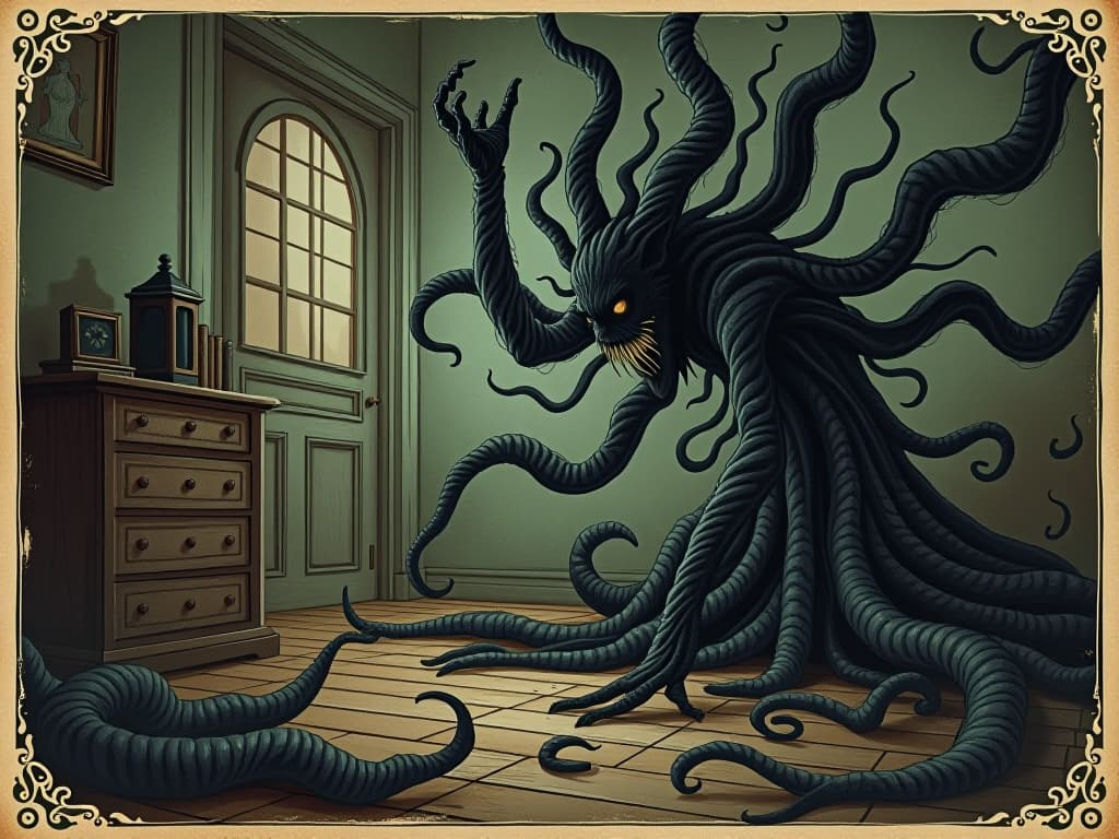  tendrils weaving through room, hidden malevolent force, pervasive unease, lurking danger. an illustration in the style of a worn, mystical old tarot trump card, mysterious and elements of surrealism. the colors are muted, somber and eerie, but with contrast bring out an occult and esoteric vibe.