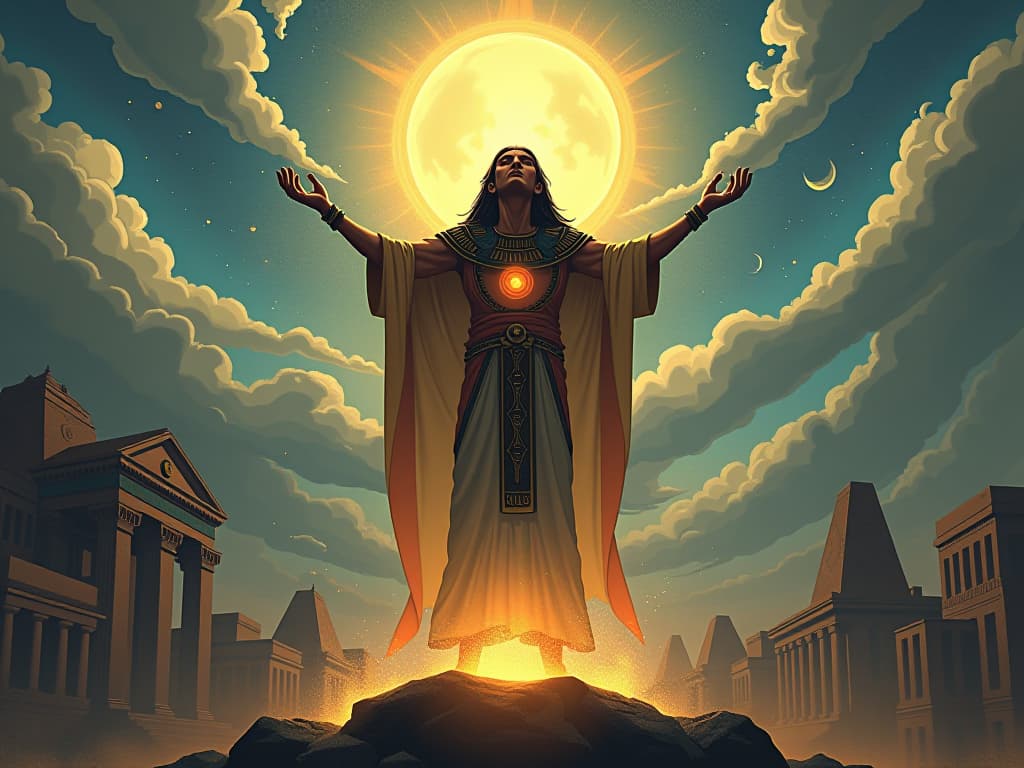  an enlightened sage, levitating above an ancient city, eyes closed in meditation, layers of reality swirling around, symbolizing transcendence of ordinary perception, atmosphere of serene transcendence. the style is digital art illustration / modern comic book / mysterious occult, symbolic, esoteric vibe,high detail on character design, incorporating ancient egyptian symbology and attire.