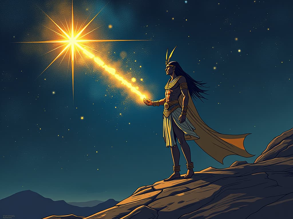  a blazing star in the night sky, trails of cosmic dust, atmosphere of individuality and uniqueness in the vast cosmos. the style is digital art illustration / modern comic book / mysterious occult, symbolic, esoteric vibe,high detail on character design, incorporating ancient egyptian symbology and attire.