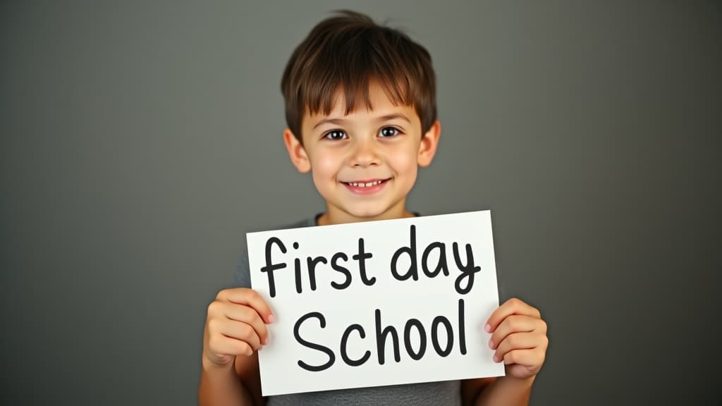  a young boy holding a sign that says first day school. she is smiling and looking happy