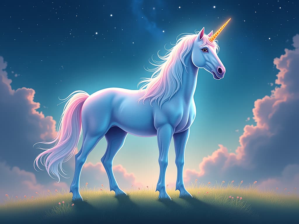  a translucent unicorn, standing proudly on a glowing meadow beneath a starry sky, representing the journey to one's highest potential, majestic, evolving.. the style is digital art illustration,highly detailed, whimsical,magical, dreamlike atmosphere, realism and fantasy blend, smooth, glossy textures,luminous quality, wonder and enchantment.