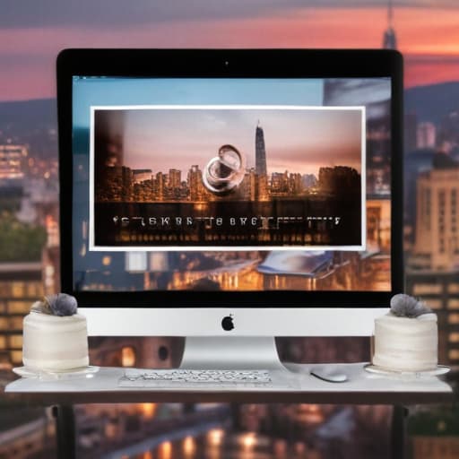 Generate photography logo with engagement ring, cake, maternity photos on screen with City background