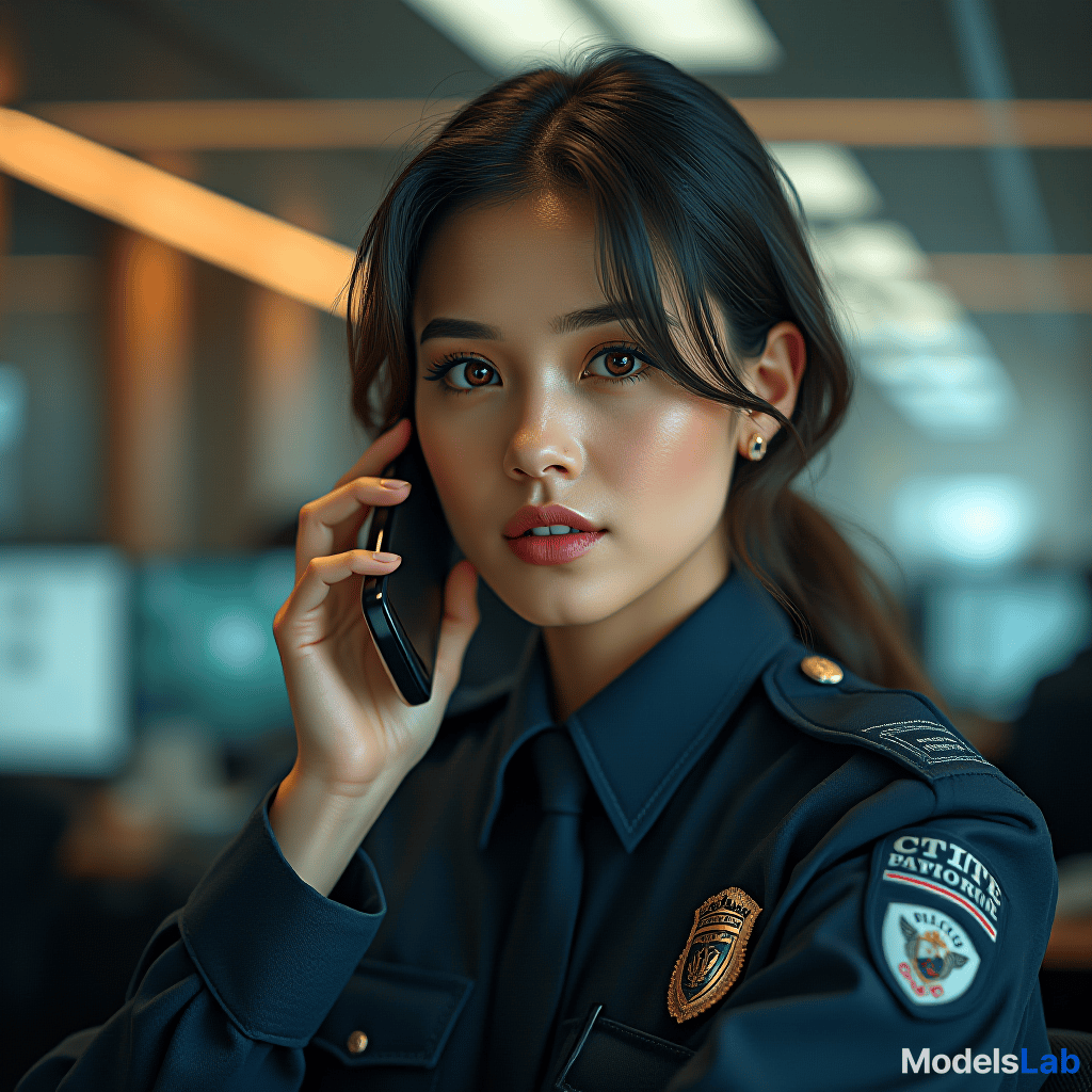  portrait of female pilice officers, calling phone realistic, stock photo, looking to camera, bright office,  hyperrealistic, full body, detailed clothing, highly detailed, cinematic lighting, stunningly beautiful, intricate, sharp focus, f/1. 8, 85mm, (centered image composition), (professionally color graded), ((bright soft diffused light)), volumetric fog, trending on instagram, trending on tumblr, HDR 4K, 8K