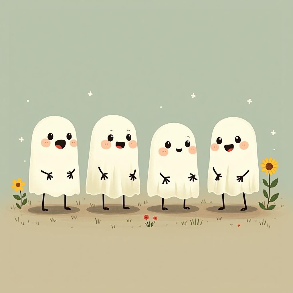  create a digital illustration featuring a row of four or five cute, cartoonish ghost characters, each with a different appearance, standing in different positions within sparse, life like wildflowers.