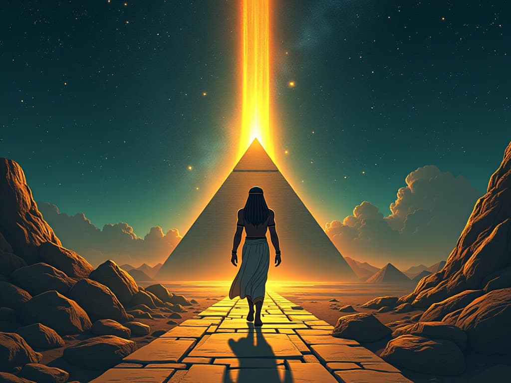  a golden path through a star studded sky, leading to a luminous temple, atmosphere of illumination and guidance. the style is digital art illustration / modern comic book / mysterious occult, symbolic, esoteric vibe,high detail on character design, incorporating ancient egyptian symbology and attire.