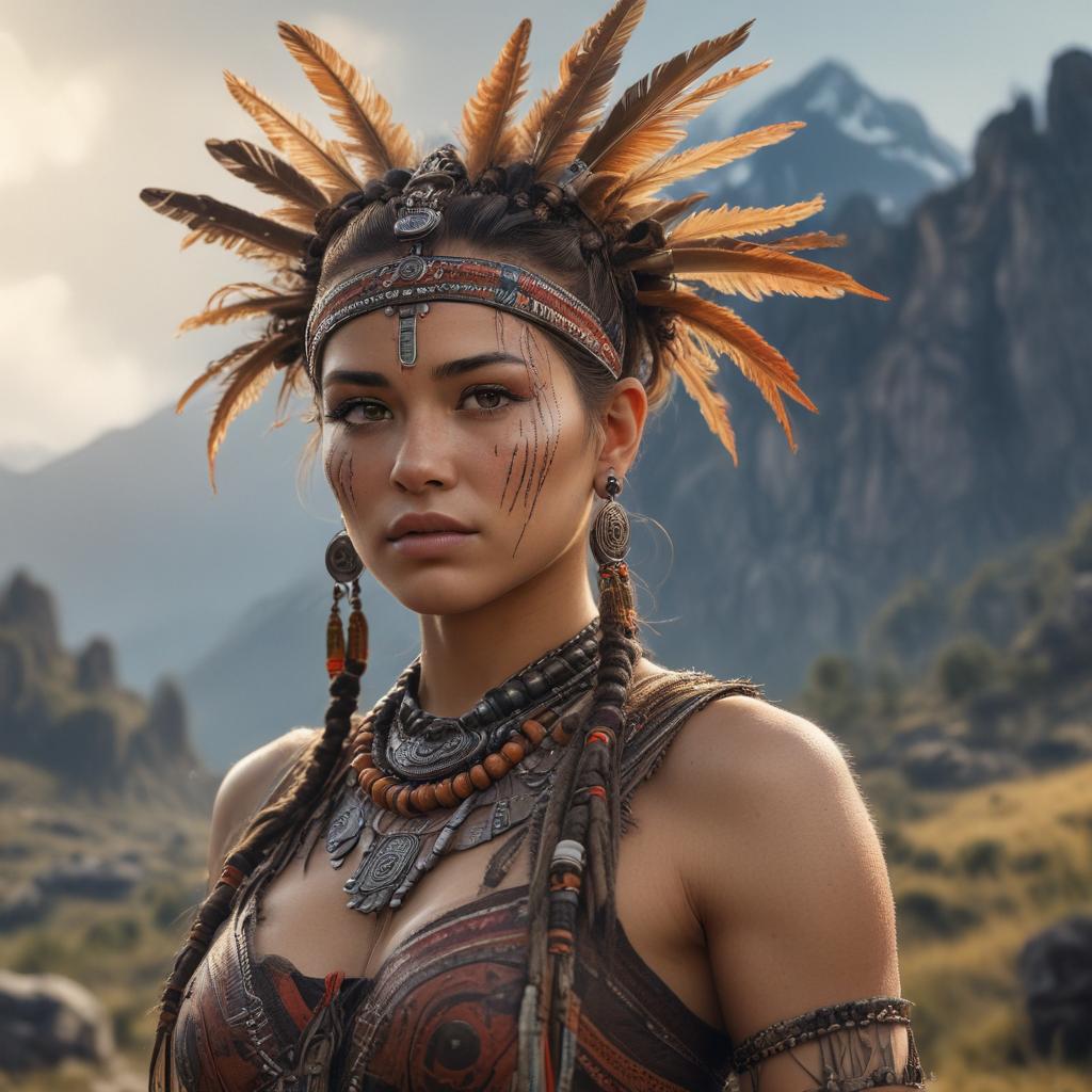 ((masterpiece)),(((best quality))), 8k, high detailed, ultra detailed, beautiful woman tribe, woman with elaborate tribal hairstyle, (tribal ritual markings), tribal artifacts, (mountain landscape) hyperrealistic, full body, detailed clothing, highly detailed, cinematic lighting, stunningly beautiful, intricate, sharp focus, f/1. 8, 85mm, (centered image composition), (professionally color graded), ((bright soft diffused light)), volumetric fog, trending on instagram, trending on tumblr, HDR 4K, 8K