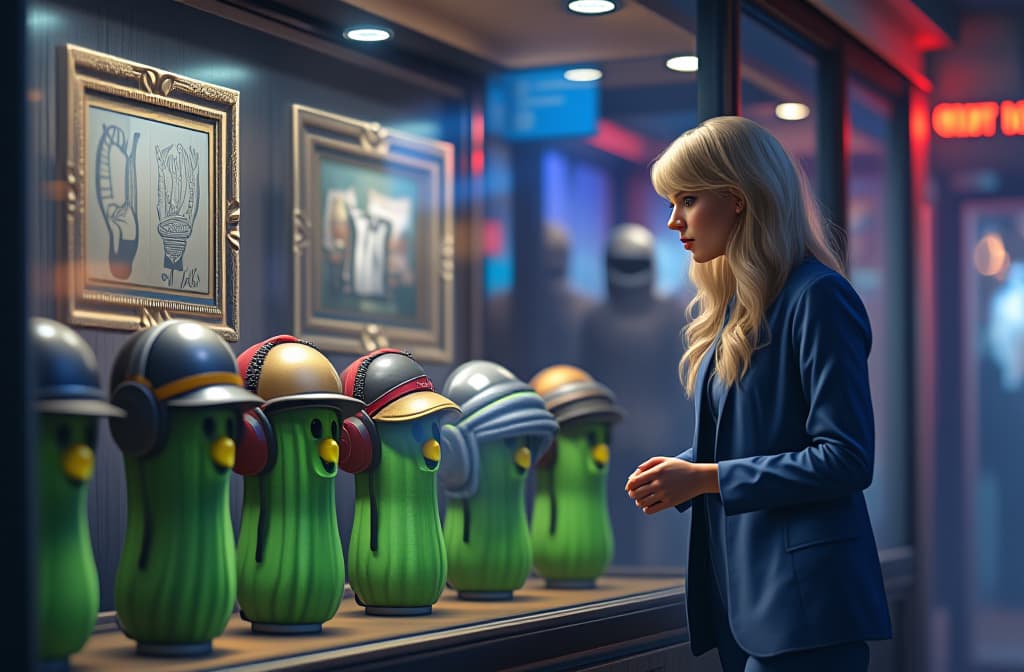  the storefront of a business that sells small hats for pickles. the front window has a display of green pickles lined up wearing a variety of different hats and helmets. you can see taylor swift is inside the store shopping. you can see her through the front window. she looks excited, blue color, glam, power, glowing lights intricate, elegant, highly detailed, digital painting, artstation, concept art, smooth, sharp focus, illustration, art by artgerm and greg rutkowski and fra angelico and unreal engine 5 hyperrealistic, full body, detailed clothing, highly detailed, cinematic lighting, stunningly beautiful, intricate, sharp focus, f/1. 8, 85mm, (centered image composition), (professionally color graded), ((bright soft diffused light)), volumetric fog, trending on instagram, trending on tumblr, HDR 4K, 8K